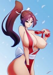 2d 2d_(artwork) brown_eyes erect_nipples fan fatal_fury female gloves hotpinkevilbunny huge_breasts king_of_fighters long_hair long_ponytail mai_shiranui narrow_shoulders one_breast_out smile solo teasing thick_thighs thin_arms thin_waist wardrobe_malfunction