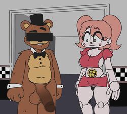 1boy 1girls baby_(fnafsl) big_breasts brown_hair censor_bar censored_eyes circus_baby circus_baby_(fnaf) five_nights_at_freddy's fnaf freddy_(fnaf) furry green_eyes hat horaco large_breasts large_penis male/female miniskirt orange_hair short_skirt sweat sweatdrop thehoraco twintails worried_expression