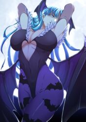 arms_behind_head arms_up capcom clothing darkstalkers demon demon_girl demon_wings glowing_eyes huge_breasts large_breasts leggings leotard medium_breasts morrigan_aensland pale-skinned_female posing sensual solo succubus thick_thighs tiny_waist toned toned_female utani_(punishment) vampire_savior wide_hips wings