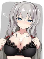 black_bra blue_eyes blush bra breasts cleavage collarbone cum cum_on_body cum_on_breasts eyebrows_visible_through_hair female heart highres kantai_collection kashima_(kantai_collection) large_breasts lingerie long_hair looking_at_viewer meta-tron military_jacket seductive_smile sidelocks silver_hair smile solo tsurime twintails underwear upper_body wavy_hair