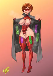 1girls armwear big_breasts breasts_cutout clothing coat condom condom_accessories condom_wrapper cyberboi disney elastigirl eyewear female female_only footwear handwear helen_parr jacket legwear mask nipples outerwear pixar presenting pussy_cutout skimpy skimpy_clothes smooth_skin solo superheroine the_incredibles thick_thighs