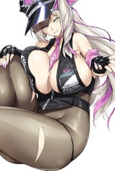 armband bangs bare_shoulders bikini black_bikini black_gloves black_headwear black_marie blush bnc_(bunshi) breasts cleavage cosplay fate/grand_order fate_(series) female fingerless_gloves gloves grey_legwear hair_ornament halter_top halterneck hat huge_breasts knee_up long_hair looking_at_viewer multicolored_hair necktie pantyhose parted_lips pink_hair pink_neckwear police_hat sesshouin_kiara sesshouin_kiara_(swimsuit_mooncancer) sesshouin_kiara_(swimsuit_mooncancer)_(cosplay) sesshouin_kiara_(swimsuit_mooncancer)_(fate) side_ponytail sideboob silver_hair simple_background smile streaked_hair swimsuit thick_thighs thighs very_long_hair white_background yellow_eyes