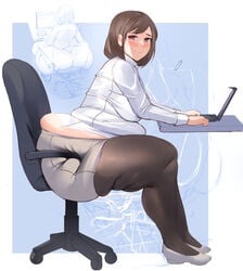 1girls ass ass_cleavage bamboo_ale belly big_ass big_butt blush bottom_heavy brown_hair butt_crack chair chubby chubby_female chunky computer fat_ass female female_only huge_ass huge_butt hyper hyper_ass inconvenient_ass leggings looking_at_viewer massive_ass medium_hair office_chair office_lady overweight round_ass sitting skirt solo stuck thick_ass thick_thighs tight_clothing wide_hips