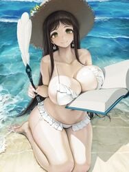 background bare_shoulders barefoot beach big_breasts bikini black_hair black_survival book breast_rest breasts cleavage closed_mouth clover-shaped_pupils collarbone commentary_request earrings feather feet female female_only frilled_bikini frills from_above front_view green_eyes gweon_sua hair happy hat headgear holding holding_book holding_object holding_quill human human_only kneeling large_breasts letdie1414 light-skinned_female light_skin long_hair looking_at_viewer navel open_book outside piercing quill sad sand seaside seiza shiny_hair sitting smile soles solo straw_hat sun_hat swimsuit swimwear symbol-shaped_pupils thighs toes very_long_hair water wet white_bikini