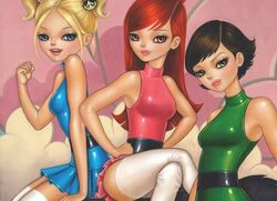 3girls aged_up black_hair blonde_hair blossom_(powerpuff_girls) blue_dress blue_eyes blue_latex blue_skirt bob_cut brown_hair bubbles bubbles_(powerpuff_girls) buttercup_(powerpuff_girls) cartoon_network comic comic_cover cute green_dress green_eyes green_latex green_skirt idw_comics idw_publishing latex latex_clothing latex_dress latex_thighhighs light_skin newspaper official_art oiled oiled_skin pink_dress pink_eyes pink_latex pink_shirt pinup_girls pinup_pose powerpuff_girls red_hair short_skirt sisters skirt_lift thighhighs thighs white_latex