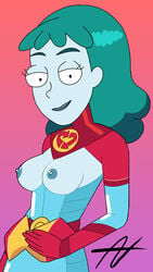 breasts exposed_breasts female female_focus female_only green_hair large_breasts long_hair nipples nude pixzuri planetina rick_and_morty seductive seductive_smile showing_off smile smiling straight superhero superheroine undressing