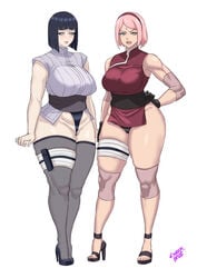 2girls alternate_breast_size angry big_breasts blush boruto:_naruto_next_generations breasts cyberboi female_only fully_clothed heels high_heels hips huge_breasts hyuuga_hinata large_breasts milf multiple_girls muscle_tone muscular_female narrowed_eyes naruto naruto_shippuden no_pants open_toe_shoes pale-skinned_female pale_skin partially_visible_vulva plump_labia pubic_hair pussy_bulge sakura_haruno stiletto_heels thick thick_thighs thighs very_high_heels wide_hips