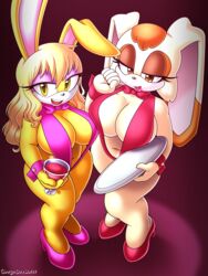 2girls anthro breast_squish breast_to_breast breasts bunnie_rabbot bunny bunny_ears casino club fur furry high_heels huge_breasts omegasunburst rabbit rabbit_humanoid sega sling_bikini sonic_(series) sonic_the_hedgehog_(series) tit_to_tit vanilla_the_rabbit wine yuri