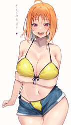 1girls :d absurdres ahoge alternate_breast_size arm_under_breasts bangs bare_legs bare_shoulders bikini bikini_top bikini_under_clothes blush breast_hold breasts cleavage commentary_request cowboy_shot denim denim_shorts female front-tie_bikini front-tie_top highres hips large_breasts looking_at_viewer love_live! love_live!_sunshine!! medium_hair micro_shorts midriff navel open_clothes open_mouth open_shorts orange_hair purple_eyes shorts side-tie_bikini simple_background skindentation smile solo standing stomach swimsuit takami_chika thighs thong_bikini translation_request unzipped white_background yamasonson yellow_bikini