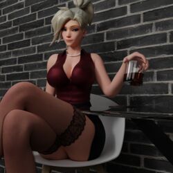 3d ass business_suit business_woman busty crossed_legs drink gelzy mercy overwatch solo solo_female solo_focus thighhighs