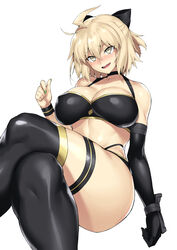 ahoge bangs bare_shoulders bikini black_bikini black_bow black_gloves black_legwear blonde_hair blush bnc_(bunshi) bow breasts cleavage collarbone fate/grand_order fate_(series) female gloves grey_eyes hairbow half_updo highleg highleg_bikini large_breasts legs_crossed looking_at_viewer multi-strapped_bikini okita_souji_(fate) okita_souji_(fate)_(all) okita_souji_(swimsuit_assassin)_(fate) open_mouth short_hair single_glove smile solo swimsuit thigh_strap thighhighs thighs