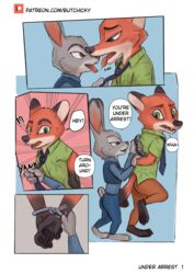 3_toes 4_fingers anthro bondage bondage bound butchicky canid canine clothed clothing comic disney dominant dominant_female duo english_text feet female fingers fox fur handcuffs hi_res judy_hopps kissing lagomorph larger_male leporid male male/female mammal necktie nick_wilde open_mouth orange_body orange_fur rabbit red_fox shackles size_difference smaller_female text toes tongue url zootopia