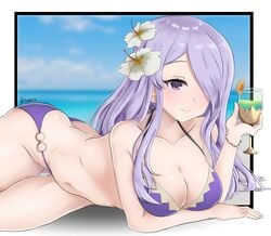 1girls alternate_costume ass bikini camilla_(fire_emblem) camilla_(summer)_(fire_emblem) cleavage collarbone drink fire_emblem fire_emblem_fates fire_emblem_heroes glass hair_flower hair_over_one_eye long_hair medium_breasts nintendo on_stomach purple_bikini purple_eyes purple_hair purple_swimsuit solo solo_female steeb swimsuit the_pose