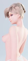 1girls 3d blonde_hair blue_eyes exposed_breasts exposed_nipples highres looking_back mercy nude overwatch sideboob swiss_angel