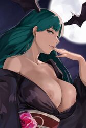 breasts cleavage cleavage_overflow clothing darkstalkers demon demon_girl female flashing green_eyes green_hair huge_breasts j@ck kimono large_breasts long_fingernails morrigan_aensland smile smiling smiling_at_viewer succubus