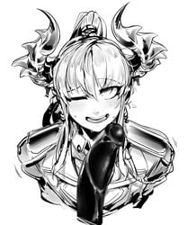 1boy bad_id bad_pixiv_id bangs demon_boy demon_horns doppel eyebrows_visible_through_hair greyscale highres horns long_hair looking_at_viewer male_focus monochrome one_eye_closed open_mouth original penis ponytail ruby_(nox) sidelocks simple_background smile sweat