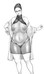 2021 bare_shoulders belly big_areola big_breasts cleavage curvy dress glasses huge_breasts lesson_wonder looking_at_viewer mature mature_female milf navel no_bra original original_character panties plump see-through see-through_clothing simple_background standing thighs white_background wide_hips