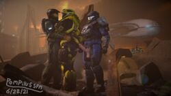 1girls 2boys 3d armor faceless_female faceless_male halo_(series) helmet holding_arm hugging imminent_sex pompilus_sfm_twitter(artist) spartan_(halo) straight thigh_sex threesome