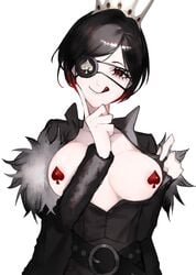 1girls big_breasts black_clover black_hair breasts breasts_out clothed clothed_female eye_patch female frz_npm happy light-skinned_female light_skin looking_at_viewer nipple_covers nipples_covered pasties red_eye red_eyes red_pasties smug spade_pasties vanica_zogratis