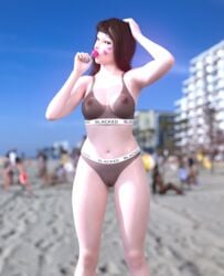 3d beach blacked blacked_clothing blizzard_entertainment brown_eyes brown_hair cameltoe d.va female_only highres lollipop looking_at_viewer mry nipples nipples_visible_through_clothing overwatch public seductive see-through sunlight sweat swimsuit