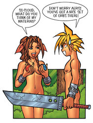 2007 aerith_gainsborough bracelet bracelets buster_sword cloud_strife covered_penis final_fantasy final_fantasy_vii hairbow materia medium_breasts nude outdoors outside ryan_kinnaird strategically_covered sword tagme text twin_braids