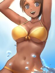 1girls asahina_aoi belly_button bikini blue_eyes breasts brown_hair clavicle cleavage danganronpa danganronpa:_trigger_happy_havoc danganronpa_s:_ultimate_summer_camp dark-skinned_female dark_skin female female_focus female_only hair hairclip navel open_mouth open_shirt pixiv qosic questionable revealing_clothes shiny_skin short_brown_hair short_hair short_hair_female simple_background smile solo solo_female solo_focus straight straight_hair swimsuit underboob water wholesome yellow_bikini yellow_bikini_bottom yellow_bikini_top yellow_swimsuit