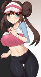 1girls 2021 alternate_breast_size belly_button black_yoga_pants blue_eyes blush blushing blushing_at_viewer breasts brown_hair clothed clothed_female female female_focus female_only hat holding_object huge_breasts human long_hair looking_at_viewer midriff nintendo nt00 pink_tank_top pokeball pokemon pokemon_bw2 rosa_(pokemon) shirt shirt_lift simple_background slim_waist smile smiling_at_viewer thick_thighs thigh_gap thighs twin_buns twintails visor visor_cap white_hat white_shirt workout_clothes wristwatch wristwear yoga_pants