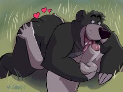 2boys 4:3 69_position ass baloo butt_grab debudraws disney duo faceless_character faceless_male gay genitals grass_field hand_on_butt heart licking looking_back male male/male male_only mammal oral penile penis penis_lick sex smile superchub the_jungle_book tongue tongue_out unknown_species ursid yaoi