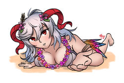 1girls alternate_costume bikini biotroy cleavage fire_emblem fire_emblem_heroes flower_necklace freyja_(fire_emblem) freyja_(summer)_(fire_emblem) grey_bikini grey_hair grey_swimsuit hair_flower horns large_breasts long_hair looking_at_viewer multicolored_hair nintendo on_stomach open_mouth open_smile reaching_out red_eyes smile solo solo_female swimsuit