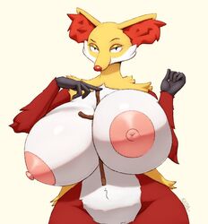 2021 anthro areola bedroom_eyes between_breasts big_areola big_breasts big_ears breast_squish breasts curvy_figure delphox ear_tuft eyebrows female fur fur_tuft huge_areolae huge_breasts hyper hyper_breasts innuendo kkoart long_snout looking_at_viewer narrowed_eyes nintendo nipples pokémon_(species) pokemon raised_eyebrow seductive simple_background smile smirk snout solo squish standing stick tuft video_games voluptuous wide_hips