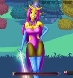 1girls achievement_unlocked bare_shoulders breasts bunnysuit crown elf_ears empress_of_light fairy grin health_bar long_hair monster_girl only_female ophise pink_eyes pink_hair pointy_ears purple_eyes purple_hair shiny_clothes shiny_skin shoulder_length_gloves sparkles sword terraria yellow_skin