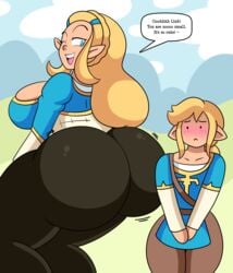 ass ass_awe big_ass blonde_hair blue_eyes blush breath bubble_ass bubble_butt butt clothing daisy-pink71 embarrassed english_text female femboy fully_clothed hands_on_crotch huge_ass link male nintendo princess_zelda seducing seductive size_difference smaller_male smelly_ass smug taller_female teasing text the_legend_of_zelda twerking zelda_(breath_of_the_wild)