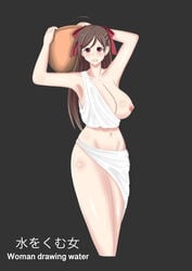 absurdres ahoge black_background breast_slip breasts brown_hair carrying_over_shoulder chibiosaka female highres kantai_collection large_breasts looking_to_the_side mamiya_(kantai_collection) midriff nabe nipples open_mouth pose pot red_eyes ribbon