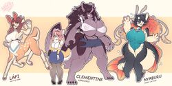 3girls adoptables anthro big_breasts black_sclera canine cat_ears centaur character_request cleavage clementine_(secretly_saucy) curvy deer fish_girl fish_tail furry height_difference huge_breasts lafi_(secretly_saucy) leotard long_hair looking_at_viewer muscular_female muscular_thighs nyaburu_(secretly_saucy) original original_characters secretly_saucy sharp_teeth sideboob size_difference thick_thighs werecanine