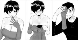 1boy 1girls 2020 3koma bare_shoulders black_eyes black_hair blush breasts cleavage clothed clothing comic couple dress elbow_gloves female finger_to_mouth glove_biting glove_spread gloves gloves_removed greyscale highres large_breasts looking_at_viewer male male_pov matching_hair/eyes meme monochrome necklace norman_maggot olive_laurentia one_eye_closed original pixie_cut pov shirt short_hair sigit_martinus simple_background single_glove smile strapless strapless_dress sweat sweating teeth tomboy tubetop very_short_hair white_background wink wiping_sweat