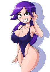 big_breasts neo_jared one-piece_swimsuit purple_hair swimsuit thick_ass thick_legs thick_thighs