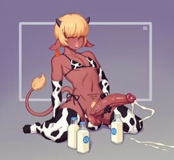 1boy 2021 absurdres animal_ears balls big_penis bikini blonde_hair bovineboy69_(rizdraws) cow_boy cow_ears cow_print cum_in_container dark-skinned_femboy dark-skinned_male dark_skin erection femboy femboy_milk girly hair_over_eyes highres huge_cock humanoid humanoid_penis hung_trap kemonomimi male male_focus male_only masturbation original original_character penis rizdraws smooth_penis solo testicles thighhighs trap veiny_penis