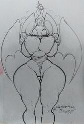 anthro big_breasts breasts clothing female furry genitals hi_res huge_breasts low-angle_view nipples one-piece_swimsuit pussy rabbitcream_pie rouge_the_bat sega solo sonic_(series) swimwear traditional_media_(artwork) wide_hips