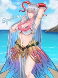 1girls alternate_costume arm_behind_head arm_up armpit bare_arms bare_midriff beach big_breasts bikini breasts cleavage female female_only fire_emblem fire_emblem_heroes flower flower_necklace freyja_(fire_emblem) freyja_(summer)_(fire_emblem) horns large_breasts lei light-skinned_female light_skin long_hair looking_at_viewer navel nintendo ocean pose posing red_eyes red_horns sea seaside solo solo_female swimsuit thick_thighs thighs very_long_hair white_bikini white_hair white_swimsuit yumilattea