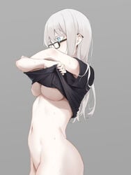 asutora asutora-chan blue_eyes breasts female glasses grey_background large_breasts long_hair original simple_background solo underboob undressing white_hair