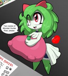 alpha_channel big_breasts big_eyes big_head breasts clothing dialogue emillie_(zanbonsen) erect_nipples_under_clothes eyes_visible_through_hair female furry gamestop green_hair hair heart holding_money holding_object huge_breasts humanoid kirlia money neoteny nintendo nipple_bulge nipple_outline nipples open_mouth open_smile pokémon_(species) pokemon pokemon_(species) puffy_nipples red_eyes shortstack small_but_busty smile solo top_heavy video_games zanbonsen