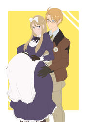 1boy 1girls alfred_jones america_(hetalia) axis_powers_hetalia belarus_(hetalia) belly big_belly big_breasts blonde_hair blue_eyes blush breasts clone66 clothed clothing commission dress female from_behind from_behind_position glasses gloves hair_ribbon hand_on_hip jacket looking_at_another looking_back male male/female natalia_alfroskaya navel nipple_bulge pregnant smile smug standing straight tagme thick_thighs wholesome