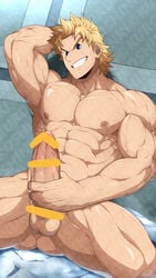 1boy abs alternate_hairstyle armpits ass bar_censor bara belt blonde_hair blue_eyes censored completely_nude erection gay grin head_tilt highres holding_penis kuroshinki large_penis looking_at_viewer male_focus male_masturbation male_only masturbation mirio_togata muscular muscular_male my_hero_academia navel nipples nude pectorals penis pointless_censoring reward_available scar_on_arm short_hair sitting smile solo spiked_hair spread_legs stomach veins veiny_muscles veiny_penis watermark wet