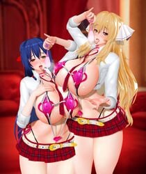 2girls 3d aoi_kimi asama_tomo bikini blonde_hair blue_hair blush bow breasts brown_eyes cleavage cum cum_in_condom drool green_eyes gyaru hair_ornament hair_ribbon heterochromia huge_breasts kyoukaisenjou_no_horizon licking_condom micro_bikini miniskirt necktie negakura_imu open_clothes open_mouth open_shirt painted_nails pink_bikini red_eyes school_uniform skirt sling_bikini swimsuit thick_thighs thighs thong_above_skirt tongue tongue_out used_condom very_long_hair