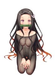 alpha_channel black_hair bodystocking bodysuit demon_slayer female female_only gag hair_ribbon hi_res kamado_nezuko kimetsu_no_yaiba kneeling konishi_(565112307) long_hair looking_at_viewer mouth_gag pink_eyes png see-through_clothing solo transparent_background two_tone_hair