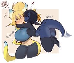 2girls ampere_(florazarts) ass blue_markings blue_skin blush bottomless breast_press breasts dragon_girl hand_on_head hands_around_neck heart horns hug huge_breasts jumping kanel kissing kissing_cheek multiple_girls smolder tail thighhighs tight_clothing wholesome yellow_skin yuri