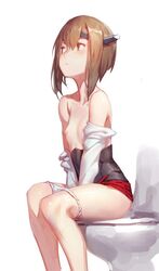 10s areolae bangs blush bob_cut breasts brown_eyes brown_hair cancer_(zjcconan) female headgear kantai_collection nipples panties panty_pull short_hair simple_background sitting small_breasts small_nipples solo taihou_(kantai_collection) toilet toilet_seat toilet_use topless underwear white_background