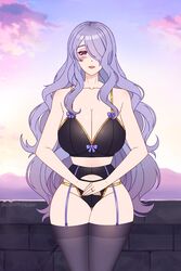 1girls alternate_costume bare_shoulders bare_thighs black_panties blush bride camilla_(fire_emblem) cleavage collarbone cryptid_crab fire_emblem fire_emblem:_three_houses fire_emblem_fates garter_belt hair_over_one_eye hourglass_figure huge_breasts lingerie long_hair looking_at_viewer nintendo outside panties purple_eyes purple_hair ring solo solo_female thighhighs very_long_hair violet_eyes wavy_hair wedding_ring wide_hips