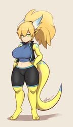 1girls ampere_(florazarts) barefoot blonde_hair blue_markings breasts dragon_girl florazarts green_eyes horns ponytail solo standing_on_tip_toes tail tight_clothing yellow_skin