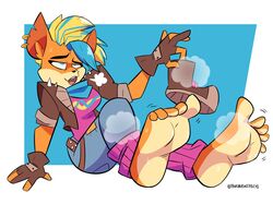 1girls anthro barefoot clothed clothing crash_(series) crash_bandicoot_4:_it's_about_time feet female fingerless_gloves foot_fetish fur furry jeans panting pirate_tawna shirt shoes solo sweat sweating tawna_bandicoot tawna_bandicoot_(crash_4) yourhardnerdcollector